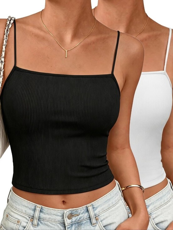 Ekouaer Tops - 2 Spaghetti Strap Ribbed Crop Tops — Black & White, Large